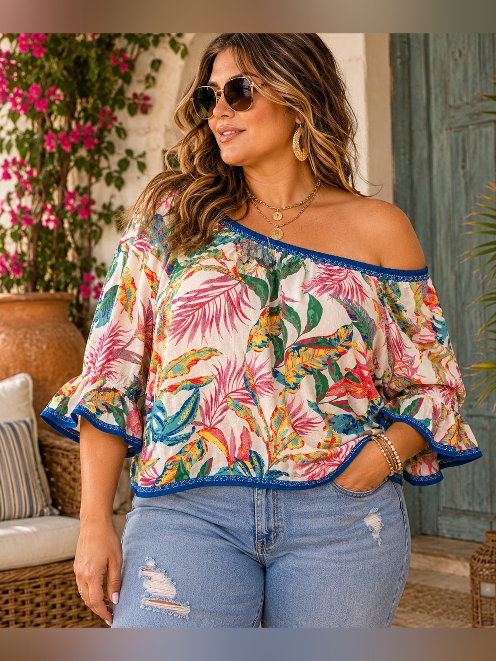 JEALOUS TOMATO Tropical Floral Palm Print Off Shoulder Peasant Blouse Boho EUC